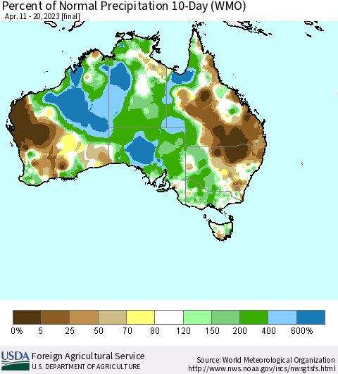 Australia Percent of Normal Precipitation 10-Day (WMO) Thematic Map For 4/11/2023 - 4/20/2023