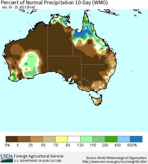 Australia Percent of Normal Precipitation 10-Day (WMO) Thematic Map For 4/16/2023 - 4/25/2023
