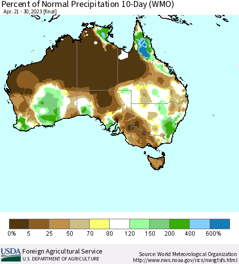 Australia Percent of Normal Precipitation 10-Day (WMO) Thematic Map For 4/21/2023 - 4/30/2023