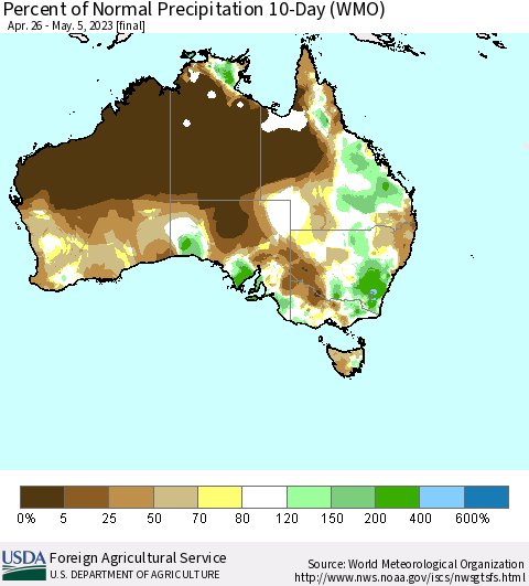 Australia Percent of Normal Precipitation 10-Day (WMO) Thematic Map For 4/26/2023 - 5/5/2023