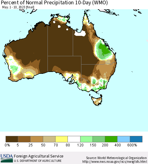 Australia Percent of Normal Precipitation 10-Day (WMO) Thematic Map For 5/1/2023 - 5/10/2023