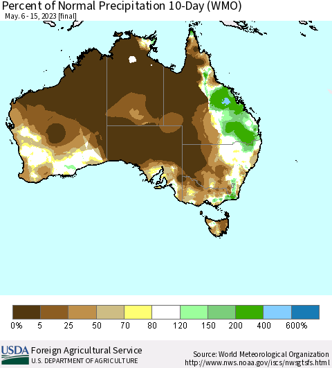 Australia Percent of Normal Precipitation 10-Day (WMO) Thematic Map For 5/6/2023 - 5/15/2023