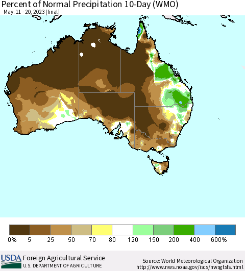 Australia Percent of Normal Precipitation 10-Day (WMO) Thematic Map For 5/11/2023 - 5/20/2023