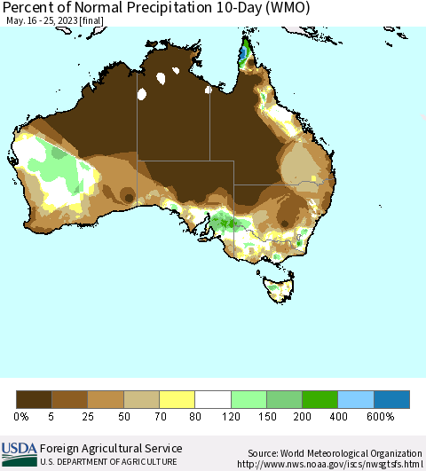 Australia Percent of Normal Precipitation 10-Day (WMO) Thematic Map For 5/16/2023 - 5/25/2023