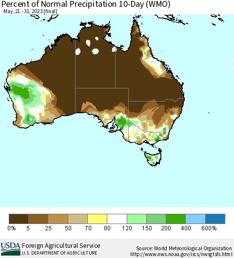 Australia Percent of Normal Precipitation 10-Day (WMO) Thematic Map For 5/21/2023 - 5/31/2023