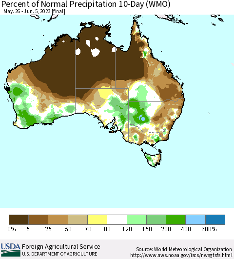 Australia Percent of Normal Precipitation 10-Day (WMO) Thematic Map For 5/26/2023 - 6/5/2023
