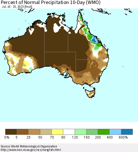 Australia Percent of Normal Precipitation 10-Day (WMO) Thematic Map For 7/16/2023 - 7/25/2023