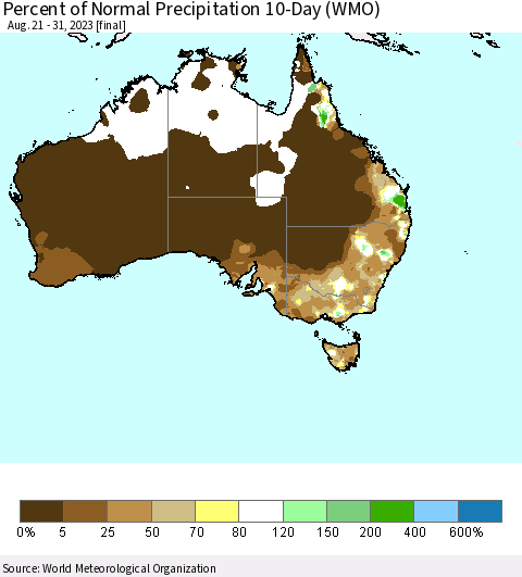 Australia Percent of Normal Precipitation 10-Day (WMO) Thematic Map For 8/21/2023 - 8/31/2023