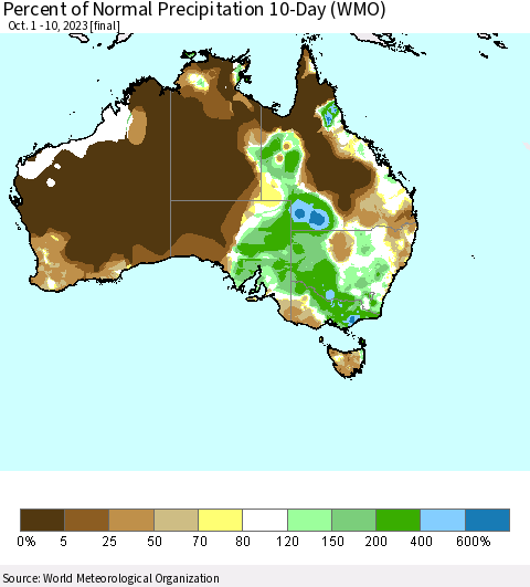 Australia Percent of Normal Precipitation 10-Day (WMO) Thematic Map For 10/1/2023 - 10/10/2023