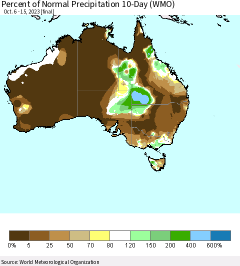 Australia Percent of Normal Precipitation 10-Day (WMO) Thematic Map For 10/6/2023 - 10/15/2023
