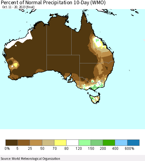 Australia Percent of Normal Precipitation 10-Day (WMO) Thematic Map For 10/11/2023 - 10/20/2023