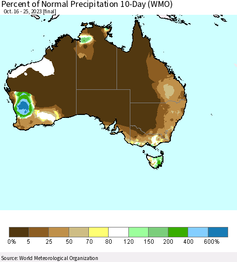 Australia Percent of Normal Precipitation 10-Day (WMO) Thematic Map For 10/16/2023 - 10/25/2023