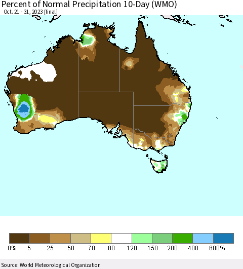 Australia Percent of Normal Precipitation 10-Day (WMO) Thematic Map For 10/21/2023 - 10/31/2023