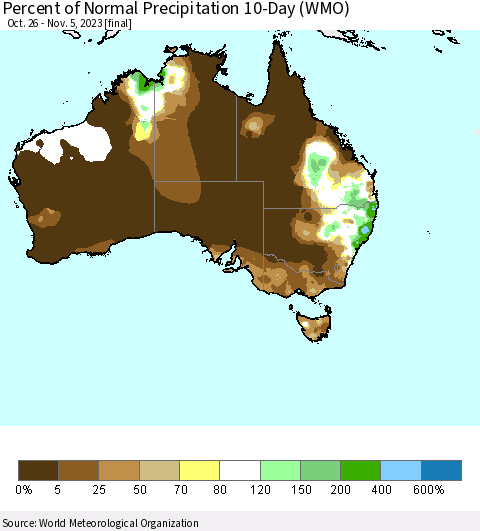 Australia Percent of Normal Precipitation 10-Day (WMO) Thematic Map For 10/26/2023 - 11/5/2023