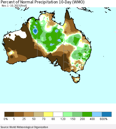 Australia Percent of Normal Precipitation 10-Day (WMO) Thematic Map For 11/1/2023 - 11/10/2023