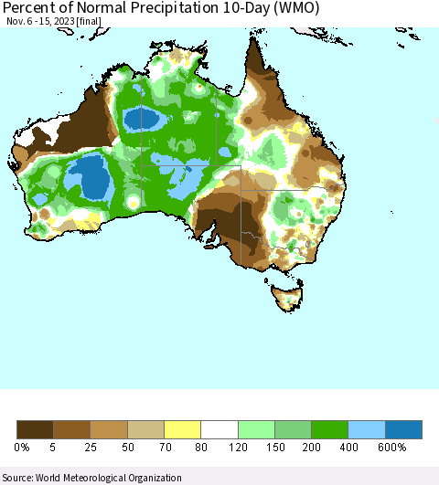 Australia Percent of Normal Precipitation 10-Day (WMO) Thematic Map For 11/6/2023 - 11/15/2023