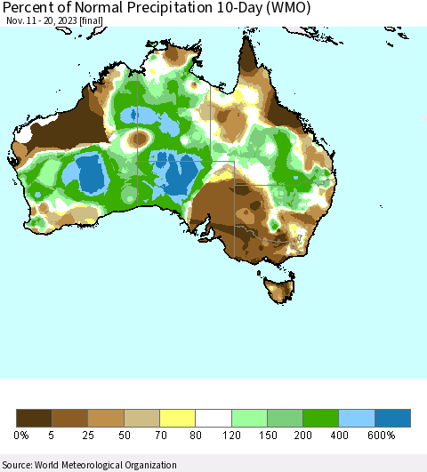 Australia Percent of Normal Precipitation 10-Day (WMO) Thematic Map For 11/11/2023 - 11/20/2023