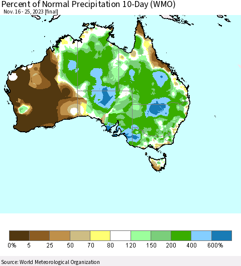 Australia Percent of Normal Precipitation 10-Day (WMO) Thematic Map For 11/16/2023 - 11/25/2023