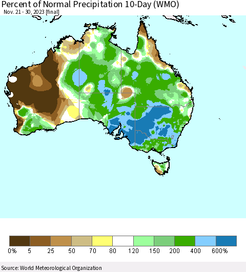 Australia Percent of Normal Precipitation 10-Day (WMO) Thematic Map For 11/21/2023 - 11/30/2023
