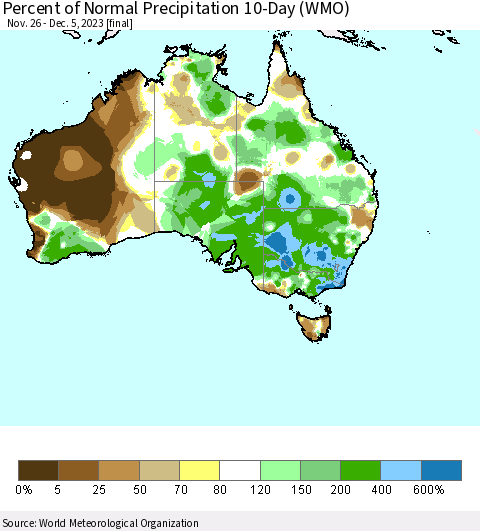 Australia Percent of Normal Precipitation 10-Day (WMO) Thematic Map For 11/26/2023 - 12/5/2023