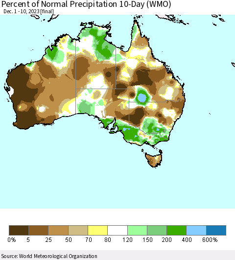 Australia Percent of Normal Precipitation 10-Day (WMO) Thematic Map For 12/1/2023 - 12/10/2023