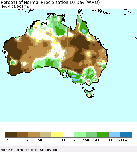 Australia Percent of Normal Precipitation 10-Day (WMO) Thematic Map For 12/6/2023 - 12/15/2023