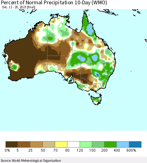 Australia Percent of Normal Precipitation 10-Day (WMO) Thematic Map For 12/11/2023 - 12/20/2023