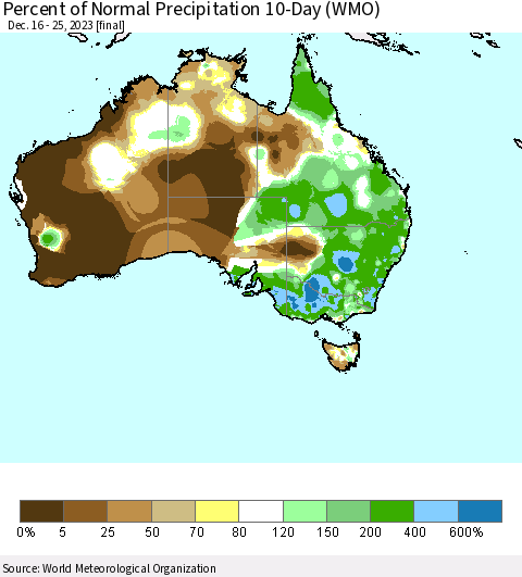 Australia Percent of Normal Precipitation 10-Day (WMO) Thematic Map For 12/16/2023 - 12/25/2023