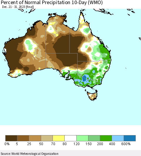 Australia Percent of Normal Precipitation 10-Day (WMO) Thematic Map For 12/21/2023 - 12/31/2023