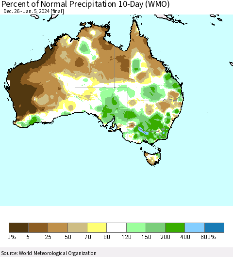 Australia Percent of Normal Precipitation 10-Day (WMO) Thematic Map For 12/26/2023 - 1/5/2024