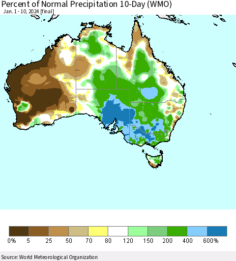 Australia Percent of Normal Precipitation 10-Day (WMO) Thematic Map For 1/1/2024 - 1/10/2024
