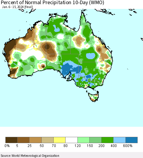 Australia Percent of Normal Precipitation 10-Day (WMO) Thematic Map For 1/6/2024 - 1/15/2024