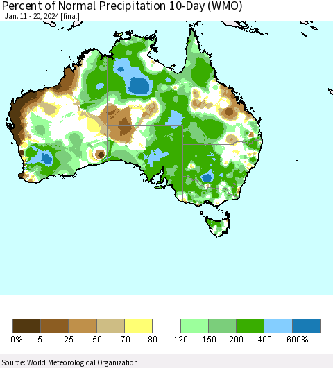 Australia Percent of Normal Precipitation 10-Day (WMO) Thematic Map For 1/11/2024 - 1/20/2024