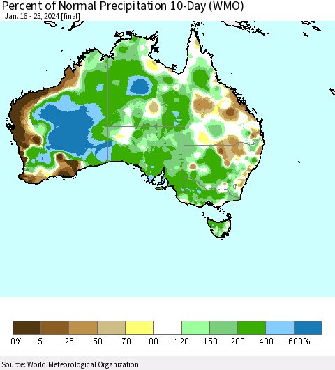 Australia Percent of Normal Precipitation 10-Day (WMO) Thematic Map For 1/16/2024 - 1/25/2024