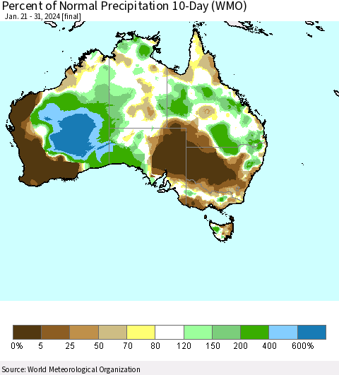 Australia Percent of Normal Precipitation 10-Day (WMO) Thematic Map For 1/21/2024 - 1/31/2024
