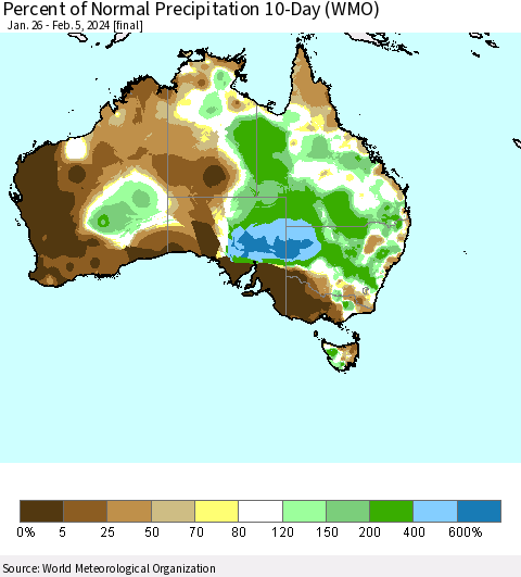 Australia Percent of Normal Precipitation 10-Day (WMO) Thematic Map For 1/26/2024 - 2/5/2024