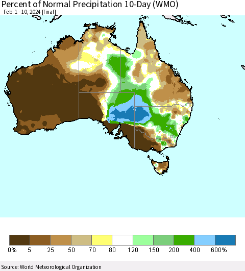 Australia Percent of Normal Precipitation 10-Day (WMO) Thematic Map For 2/1/2024 - 2/10/2024