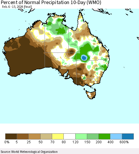 Australia Percent of Normal Precipitation 10-Day (WMO) Thematic Map For 2/6/2024 - 2/15/2024