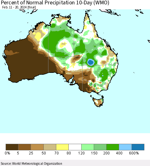 Australia Percent of Normal Precipitation 10-Day (WMO) Thematic Map For 2/11/2024 - 2/20/2024