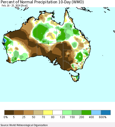 Australia Percent of Normal Precipitation 10-Day (WMO) Thematic Map For 2/16/2024 - 2/25/2024