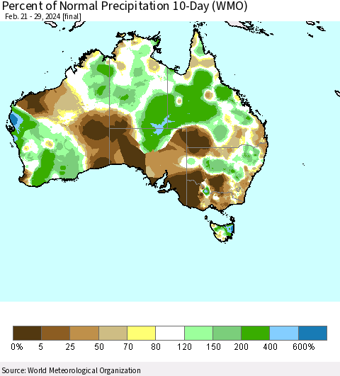 Australia Percent of Normal Precipitation 10-Day (WMO) Thematic Map For 2/21/2024 - 2/29/2024