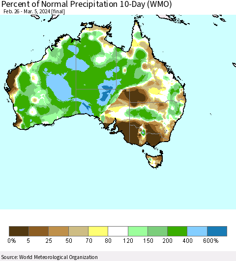 Australia Percent of Normal Precipitation 10-Day (WMO) Thematic Map For 2/26/2024 - 3/5/2024