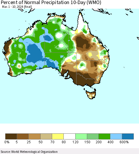 Australia Percent of Normal Precipitation 10-Day (WMO) Thematic Map For 3/1/2024 - 3/10/2024