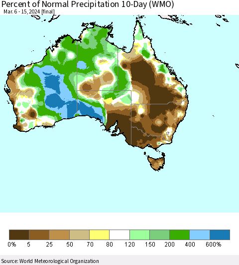 Australia Percent of Normal Precipitation 10-Day (WMO) Thematic Map For 3/6/2024 - 3/15/2024