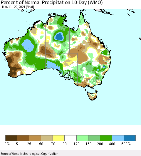 Australia Percent of Normal Precipitation 10-Day (WMO) Thematic Map For 3/11/2024 - 3/20/2024