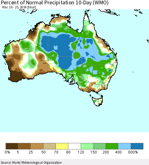Australia Percent of Normal Precipitation 10-Day (WMO) Thematic Map For 3/16/2024 - 3/25/2024