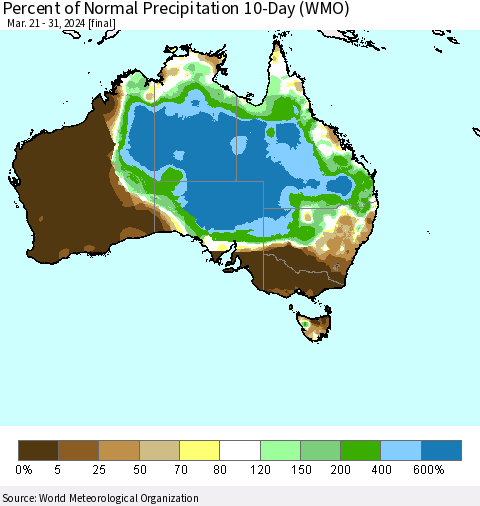 Australia Percent of Normal Precipitation 10-Day (WMO) Thematic Map For 3/21/2024 - 3/31/2024