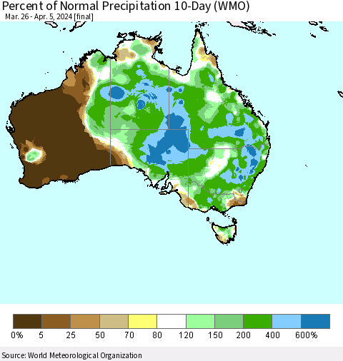 Australia Percent of Normal Precipitation 10-Day (WMO) Thematic Map For 3/26/2024 - 4/5/2024