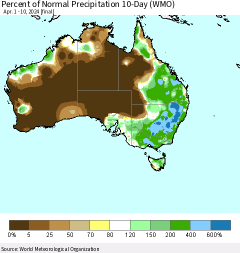 Australia Percent of Normal Precipitation 10-Day (WMO) Thematic Map For 4/1/2024 - 4/10/2024