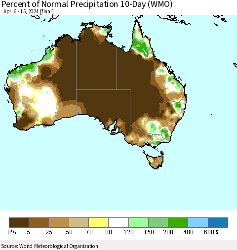 Australia Percent of Normal Precipitation 10-Day (WMO) Thematic Map For 4/6/2024 - 4/15/2024